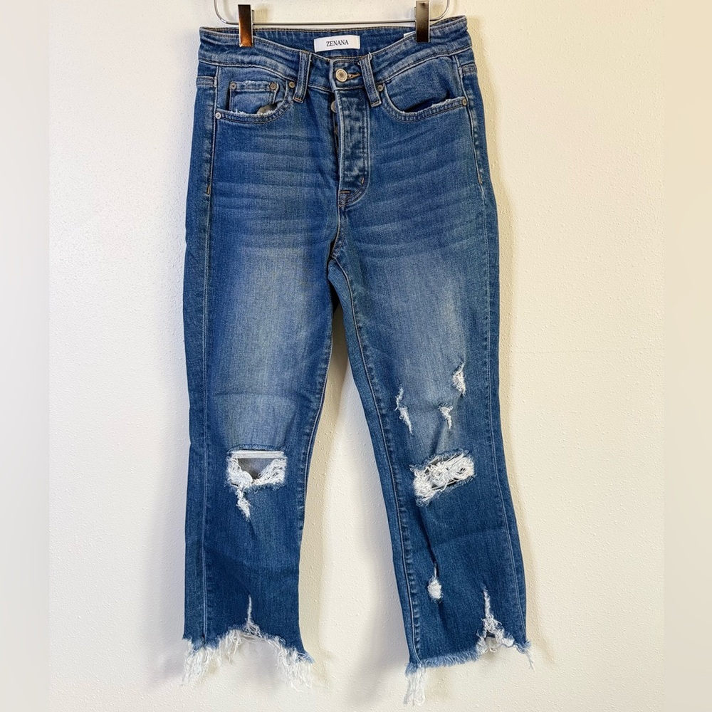 Zenana Distressed Straight Leg Jeans High Rise Raw Hem Size 26